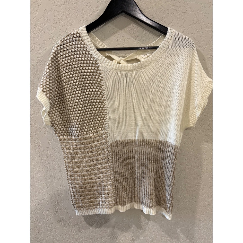 Blu Pepper Women Cream Tan Colorblock Knit Tie Back Sweater Top BU112403R Small